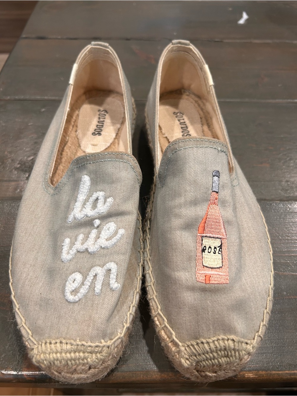 Soludos Gray Canvas Espadrilles with Rosé Bottle Embroidery